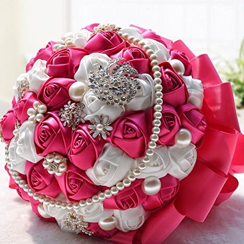 Rose Flower Wedding Bouquet Brooch Crystal Pearls Silk Bridal Flowers (Rose Red)