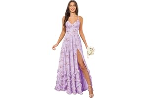 CDSSL Spaghetti Straps Floral Ruffle V-Neck Bridesmaid Dresses for Women Long Corset Formal Evening Maxi Dress