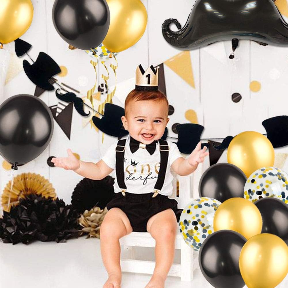 Meuparty Mr Onederful 1st Birthday Decorations Mr Onederful Balloon Banner Black Gold Confetti Balloons for Little Man Bow Tie First Birthday Party Supplies - Image 3