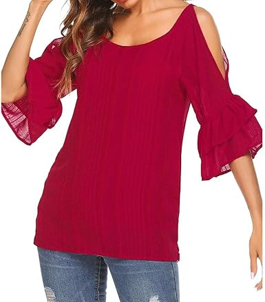 Women S Solid Chiffon Tops Greatestpak Ladies Plus Size 3 4 Sleeve O Neck T Shirt Sexy Holiday Blouses S Red Amazon Co Uk Clothing