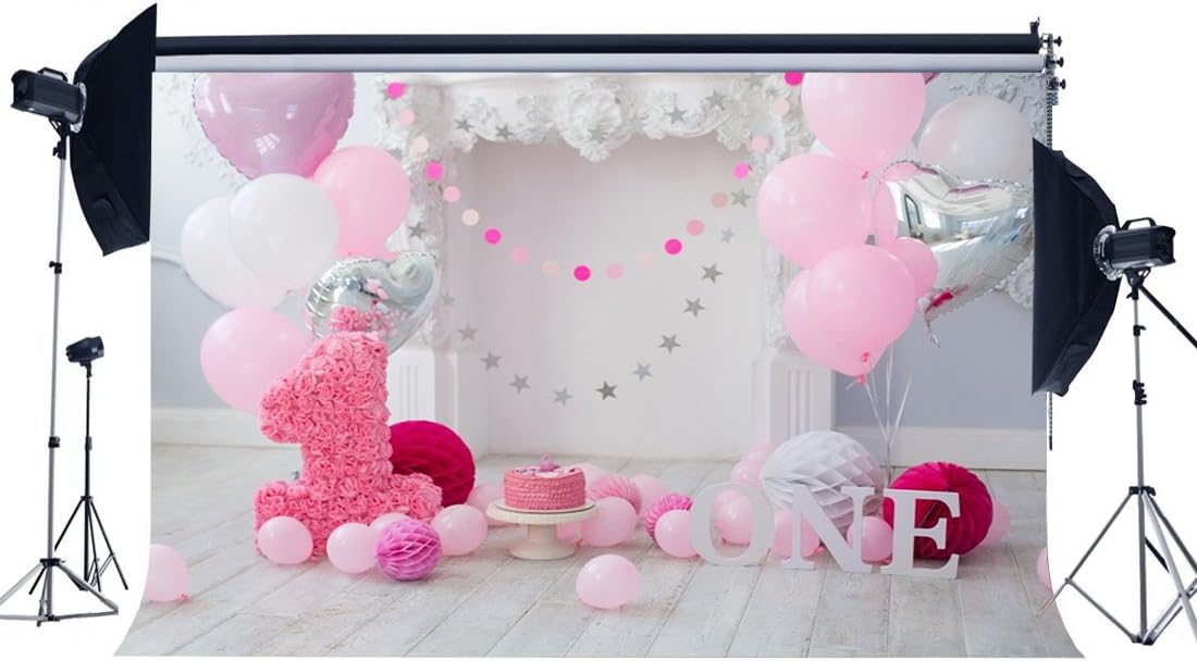 Haosphoto Girl's 1st Birthday Backdrop 5X3FT Cake Smash Vinyl Backdrops Stripes Wood Floor Paper Flower Balloons Photography Background for Girls Birthday Party Dessert Table Photo Studio Props HL08