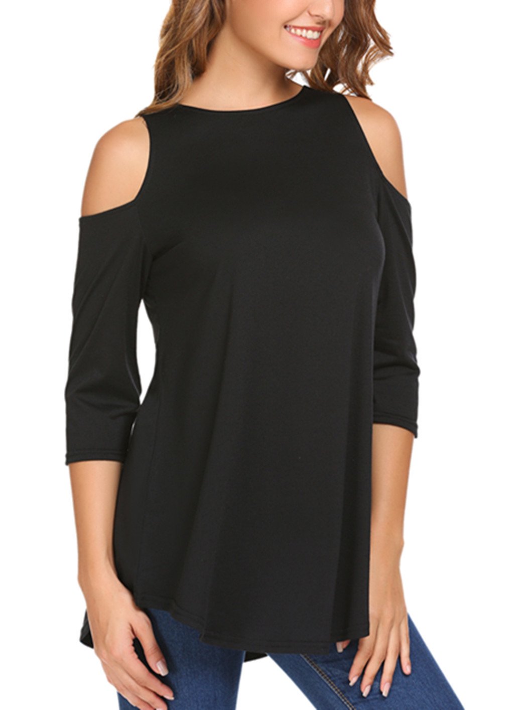 Aceshin Womens Sexy Jersey 3/4 Sleeve Cold Shoulder Blouse Top Black