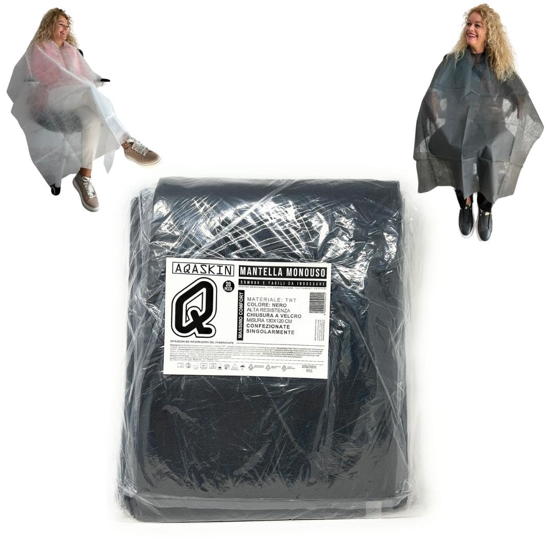 AQASKIN Disposable Plastic Hairdressing Capes in TNT 30 g/m2 - QUANTITY DISCOUNTS - Individually packaged - Dimensions 130x120 cm - Packs of 20pcs - Webbing Closure, White, One size (1, Black)