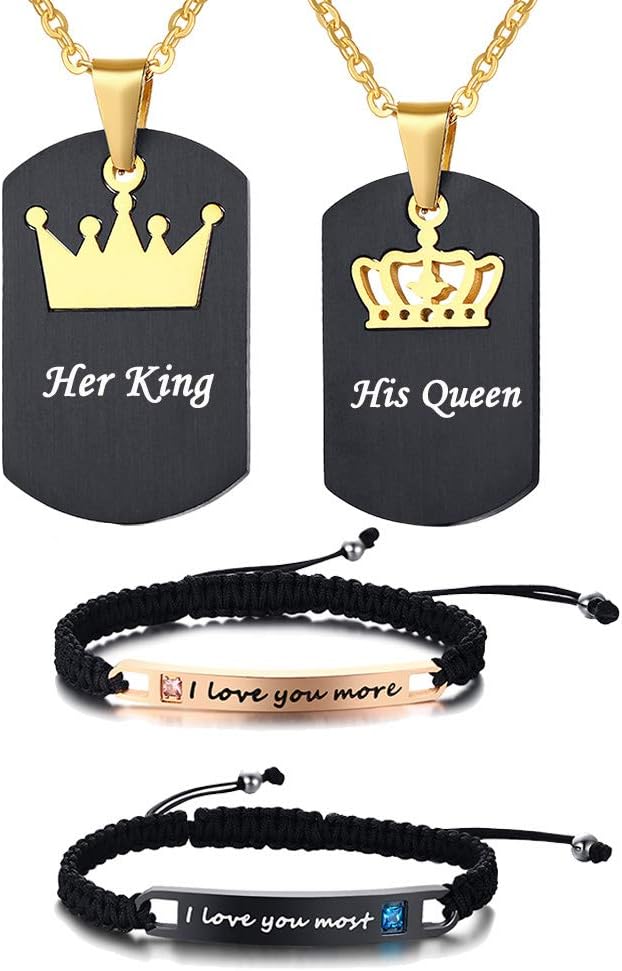 XUANPAIStainless Steel Matching Puzzle Dog Tag Necklace&His and Hers Yin Yang Distance Beads Bracelet