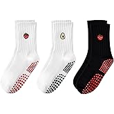 FIYIGO Pilates Grip Socks for Women Cherry Avocado Yoga Non Slip Crew Socks for Fitness,Pure Barre, Ballet,Dance Workout