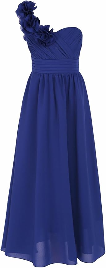Yizyif Enfant Fille Robe De Soiree Ceremonie Longue Robe De Mariage Une Epaule Robe A Line Plisse Robe En Mousseline De Soie Robe De Cocktail Robe De Danse Bal Robe 4 14 Ans Bleu