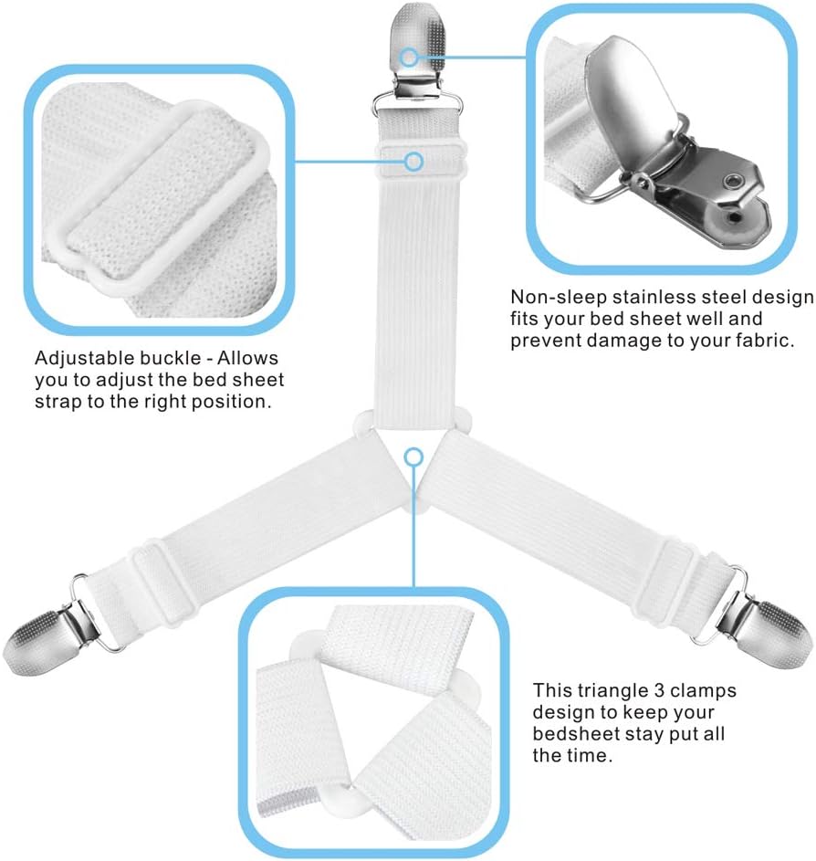 Tomata Adjustable Bed Sheet Fasteners, Triangle Non-Slip Elastic Holder Straps Corner Clips with Heavy Duty Grippers Clips (Set of 4 - White): Home & Kitchen