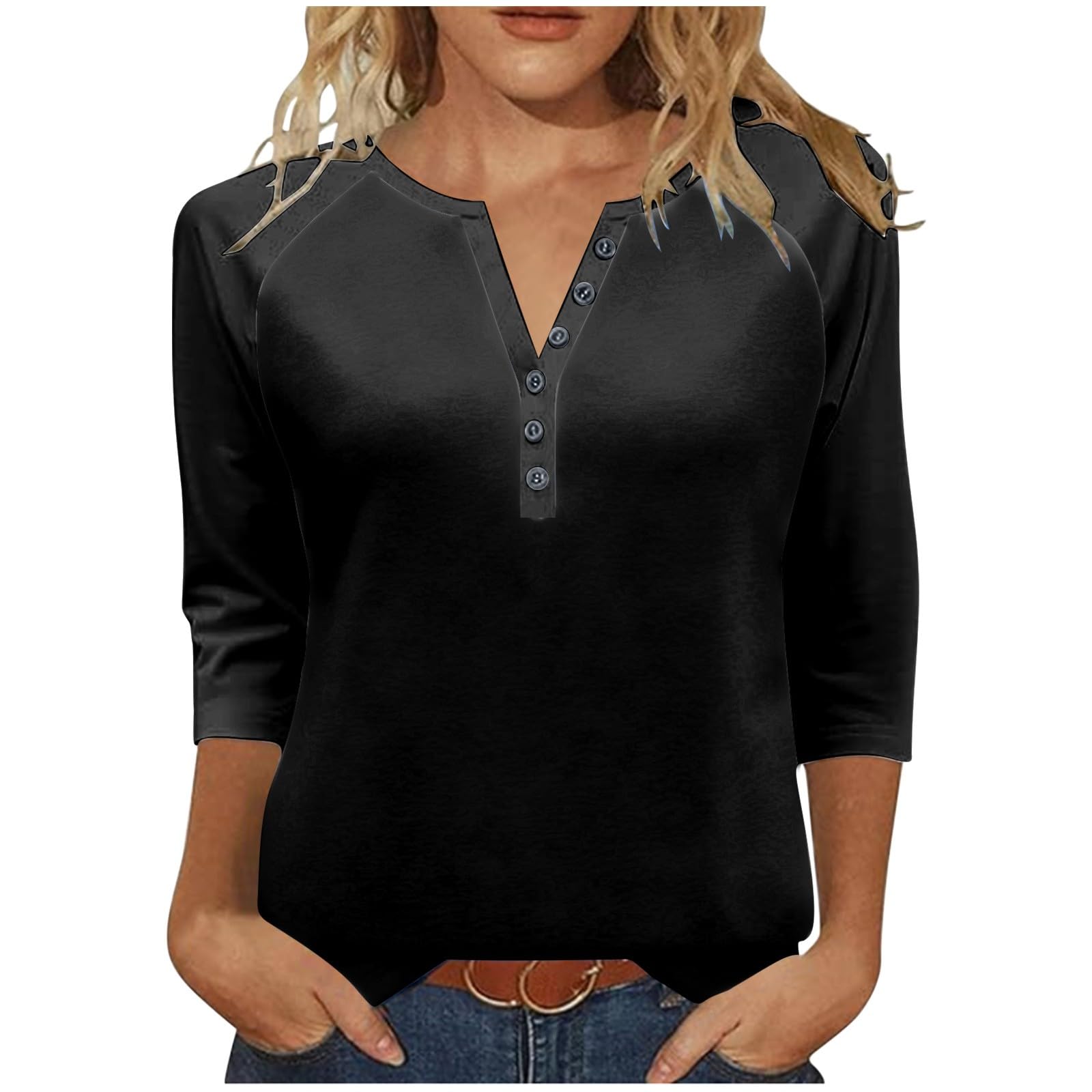 3/4 Length Sleeve Womens Tops Dressy Trendy Button