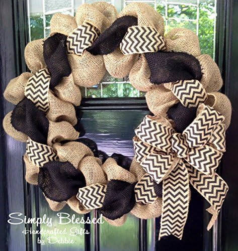 Black and Natural Chevron Burlap Wreath 22 inch for front door or accent - outdoor or indoor