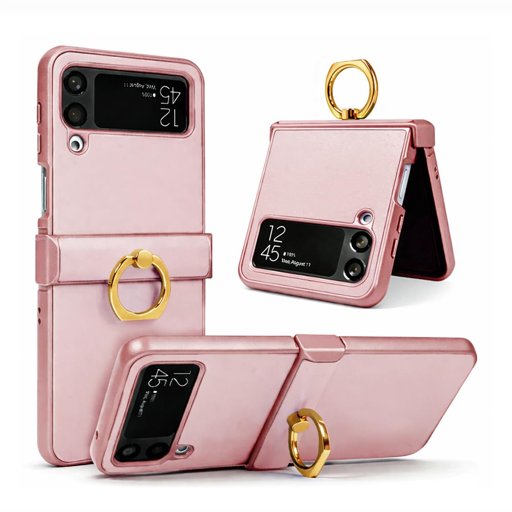 ZERUK Genuine Leather Case for Samsung Galaxy Z Flip4, Military-Grade Drop Protection, Hinge Protection Cover with Ring Kickstand, Color-Matched Trim (Pink)