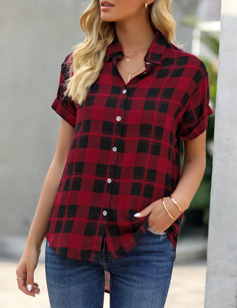 Uqnaivs Women's Classic Short Sleeve Plaid Shirt Button Down Collared Loose Tops: Clothing