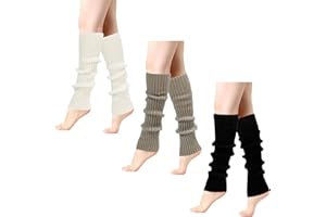 AOGEWON Leg Warmers, 3 Pairs Thermal Knitted Boot Cuffs, Long Socks for Yoga, Ballet, Winter Sports, Black, White, Grey