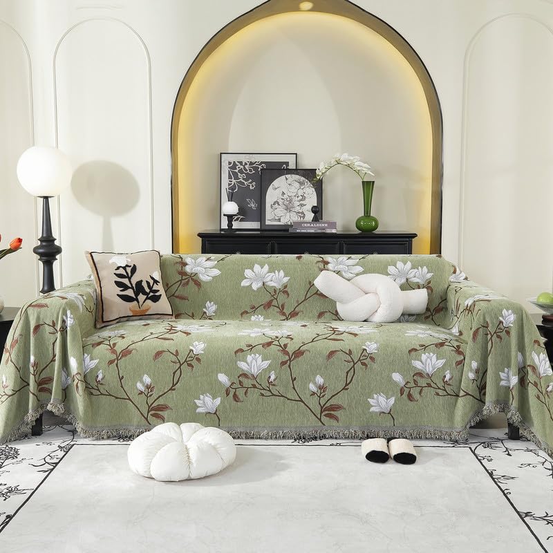 LiveGo Chenille AB Sided Sofa Cover for 3 Seater, Soft Non-Slip Slipcover with Tassel, All-Season Washable Couch Protector for Dogs, Decorative Futon & L Shaped Sofa Cover (Green, 180×260 cm)