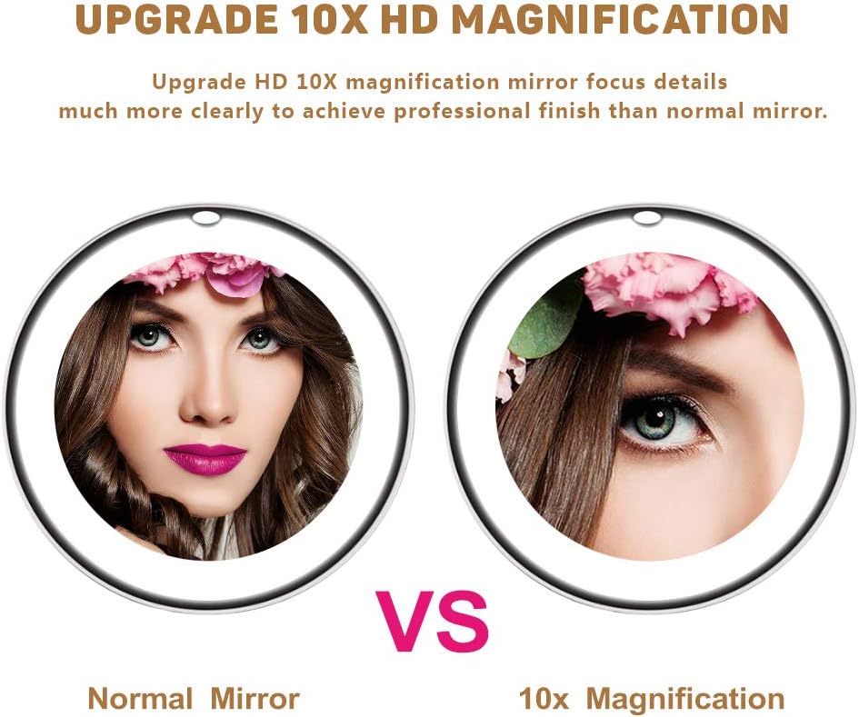 Updated 2020 Version 10X Magnifying Mirror With Light,Lighted 10X Magnifying Makeup Mirror With Light Poweful Suction Cup,360°Rotation Flexible Gooseneck Led Lighted Makeup Mirror For Bedroom Bathroom: Kitchen & Dining