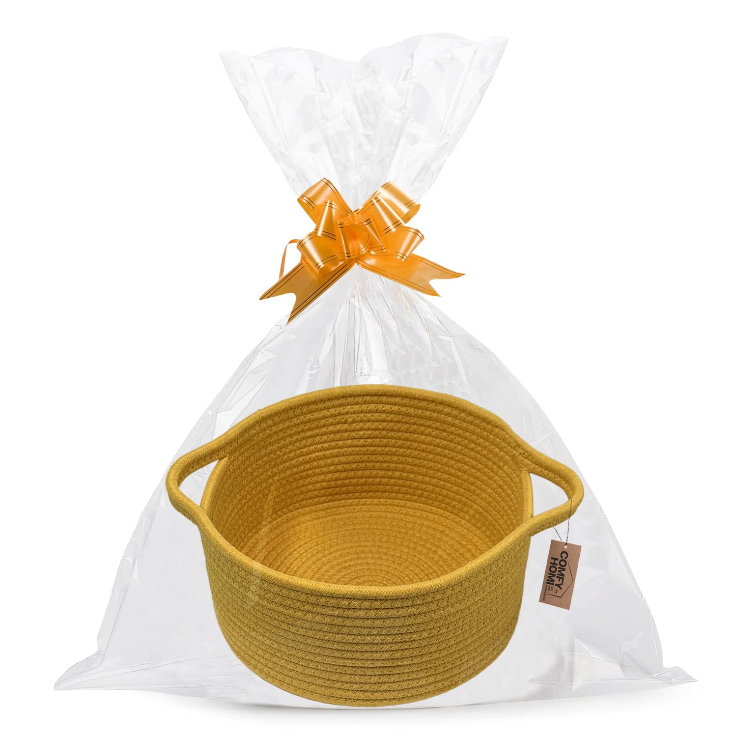 Photo 1 of COMFY HOMI Small Woven Gift Baskets with Handles, Gift Bags and Ribbons - Cotton Rope Storage Basket for Organizing, Dog Toy Basket Box, Gift Baskets Empty, Mother’s Day-?11X5 Inch, Yellow