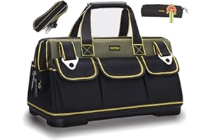 FASTECH 22-inch Wide Mouth Tool Bag with Water Proof Molded Base，Wide Mouth Tool Tote Bag,Waterproof Tool Organizer Bag for Men with Adjustable Shoulder Strap (22 inch)