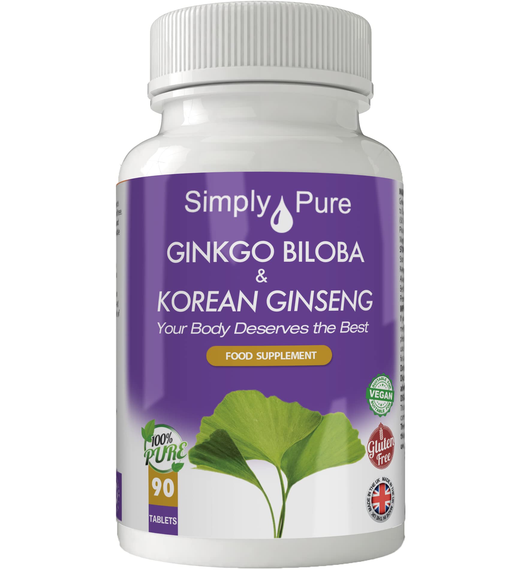 Simply Pure Ginkgo Biloba & Korean Ginseng for Improved Cognition and Healthy Ageing | 3000mg/1000mg x 90 Tablets | 100% Natural | Gluten Free | GM Free | Vegan