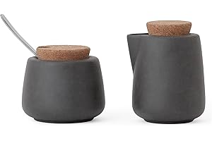 VIVA SCANDINAVIA Viva Nicola Charcoal Sugar and Creamer Set – Porcelain Coffee Creamer & Sugar Bowl with Cork Lid and Spoon, 7oz / 200ml Milk & Sugar Set for Coffee Stations and Tea Serving