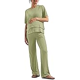 Tankaneo Womens Postpartum Maternity Pajamas 2 Piece Sets Rib Short Sleeve Nursing Tops and Elastic Waist Pants Loungewear