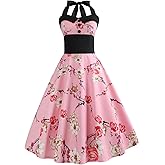 Women 50s 60s Vintage Floral Print Halter Neck Cocktail Swing Dress Buttons Backless Retro 1950s Rockabilly Audrey Hepburn Tea Party Prom Dress Halloween Costume Wedding Evening Gown Plum Blossom XL