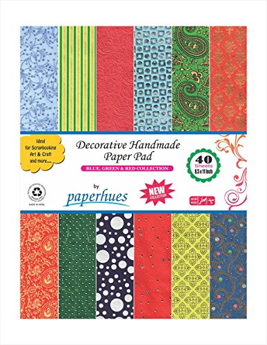 Paperhues Blue-Green-Red Celebration Collection 8.5x11" Pad, 40 Sheets. Decorative Specialty Handmade Origami Papers for Gift Wrap, Card Making, Scrapbooking, Decor, Art and Craft Projects.