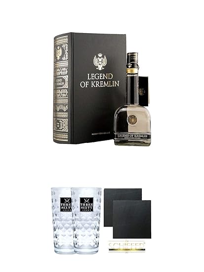 Legend Of Kremlin Wodka 0,7 Liter in Bibel (schwarz) + Three Sixty Vodka Gläser 2 Stück + Schiefer Glasuntersetzer eckig ca. 