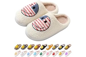 AIMINUO Women's Men's Retro Preppy Happy Face Slippers Comfy Warm Plush Slip-On House Slipper for Winter Indoor Soft Cushion Non-slip Fluffy Slides Slippers