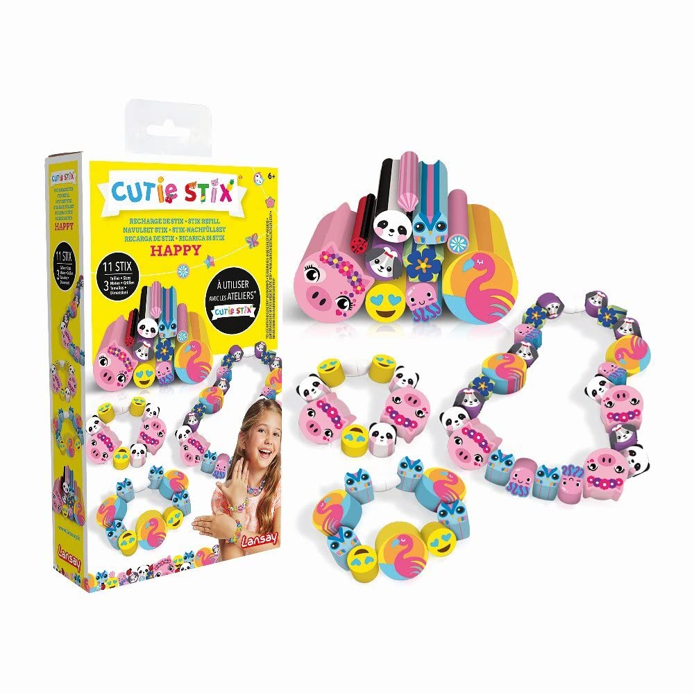 Lansay CUTIE STIX Happy Refill – For Use with Atelier Cutie Stix – 11 Stix Smiley Theme, Animals Flowers – For Jewellery Making & Bracelet Kit for Children from 6 Years Old – Creative Hobbies