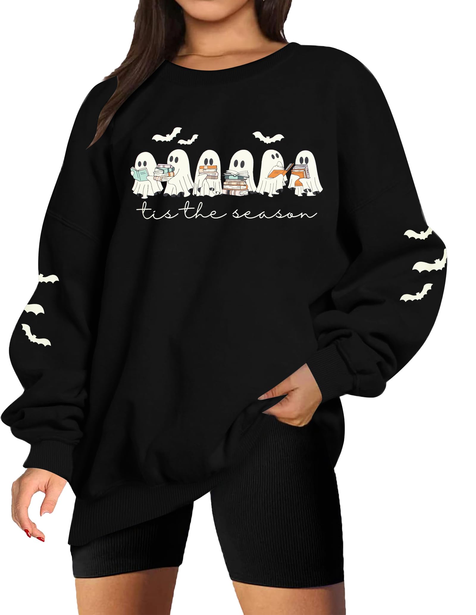 Photo 1 of (medium) UNIQUEONE Halloween Sweatshirts for Women Ghost Reading Books Sweater Cute Spooky Bookish Shirt Fall Pullover Tops A-Black