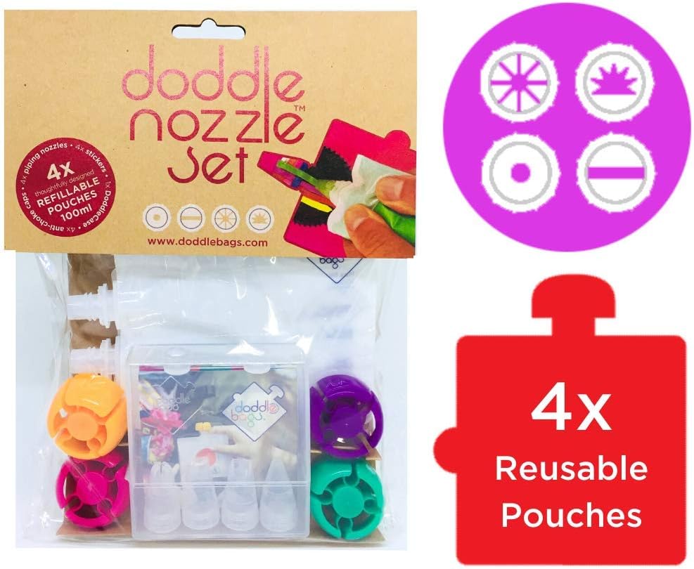 DoddleBags DoddleNozzle Set ~ ECO Reusable Piping Pouches for Cake Decorating Fun ~ 4 x 100ml Pouches, 4 x Piping Nozzles, 4 x Anti-Choke Caps, 1 x DoddleCase & 4 x Labelling Stickers
