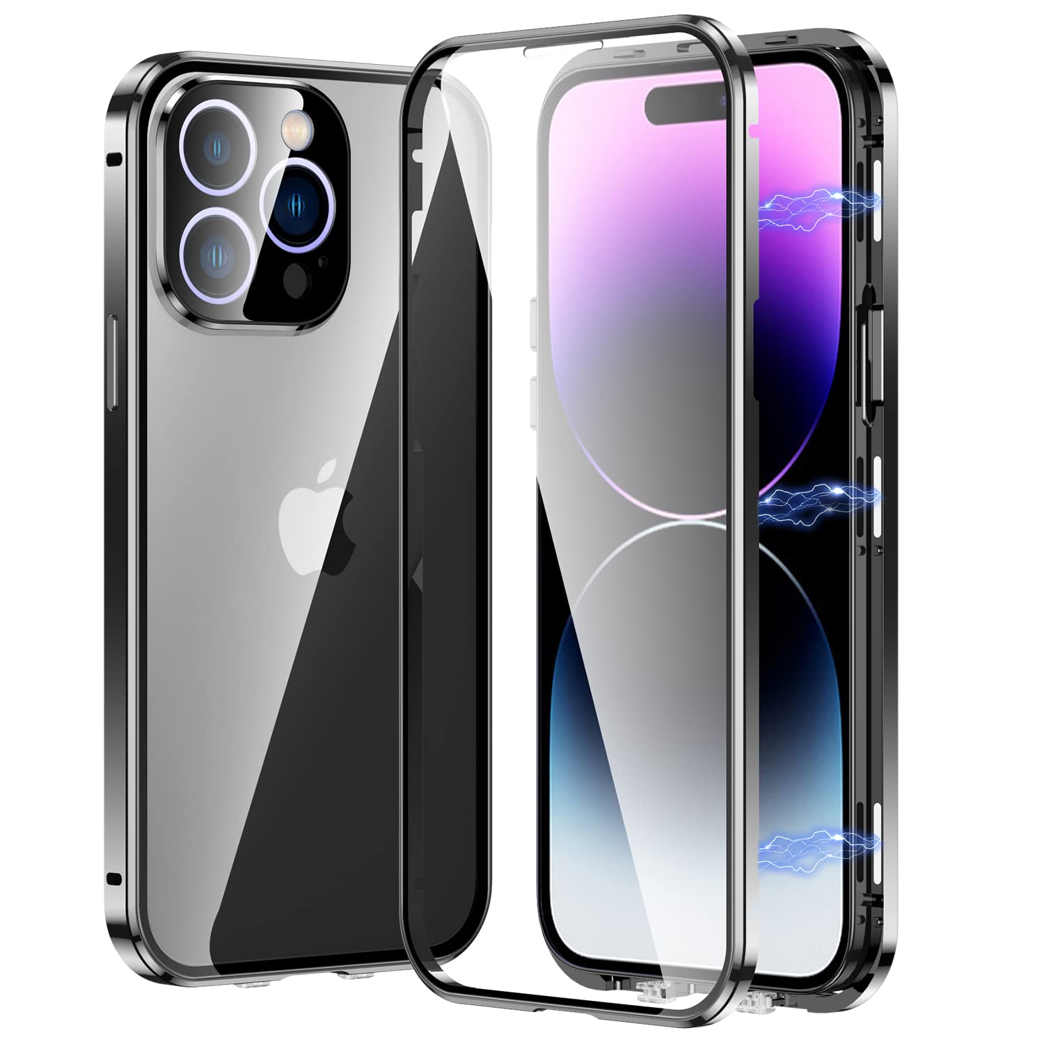 SOUYOYIHI Clear Magnetic Case for iPhone 14 Pro Glass Case with Camera Lens Protector Cover Built-in Touch Sensitive Anti-Scratch Screen Protector Safety Lock Metal Bumper Case (Black)