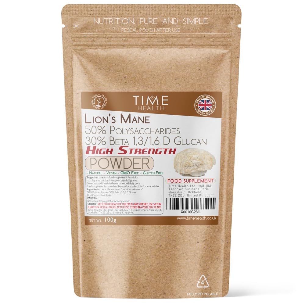 Lions Mane Powder - High Strength Dual Extract - 50% Polysaccharides / 30% Beta 1,3/1,6 D Glucan - 3rd Party Tested - 100g Powder Pouch