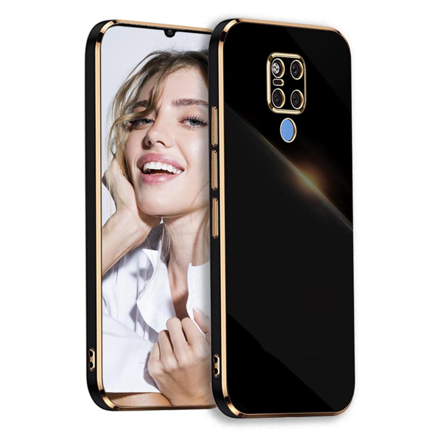 POUHYE Case for Huawei Mate 20 X 4G/5G, Flexible Silicone TPU Shockproof Protective Phone Case Full Camera Lens Protection for Girls Women, Golden Edging Bumper Cover Black