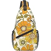 COFEIYISI Retro 70s Style Flower Sling Bag for Women Men Hand Drawn Groovy Pattern with Orange Flowers Crossbody Backpack Cute Floral Pattern Sling Backpack Casual Shoulder Bag Travel Hiking Daypack