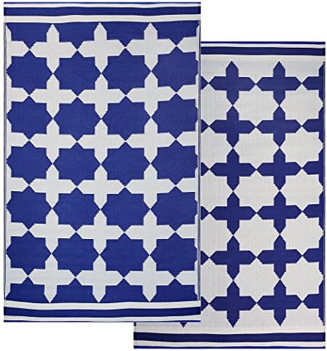 Earth Collective Eco Chic Outdoor Rug, Recycled, Easy Clean, Reversible, UV resistant, Mildew Resistant, 5x8 Zagora Blue &amp; White, Great for Patio, Picnic or RV Camping Mat