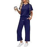 WIHOLL 2 Piece Sets for Women Casual Summer Travel Vacation Outfits Short Sleeve Wide Leg Crop Pants Lounge Sets