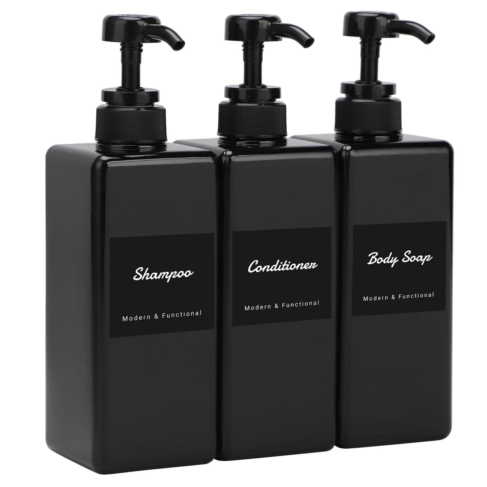 Segus Black Soap Dispenser, 3 Pieces 650ml Shower Gel Dispenser, Hand Wash Dispenser in Plastic, Shampoo Bottles with Pump, Kitchen Soap Dispenser Set with Labels