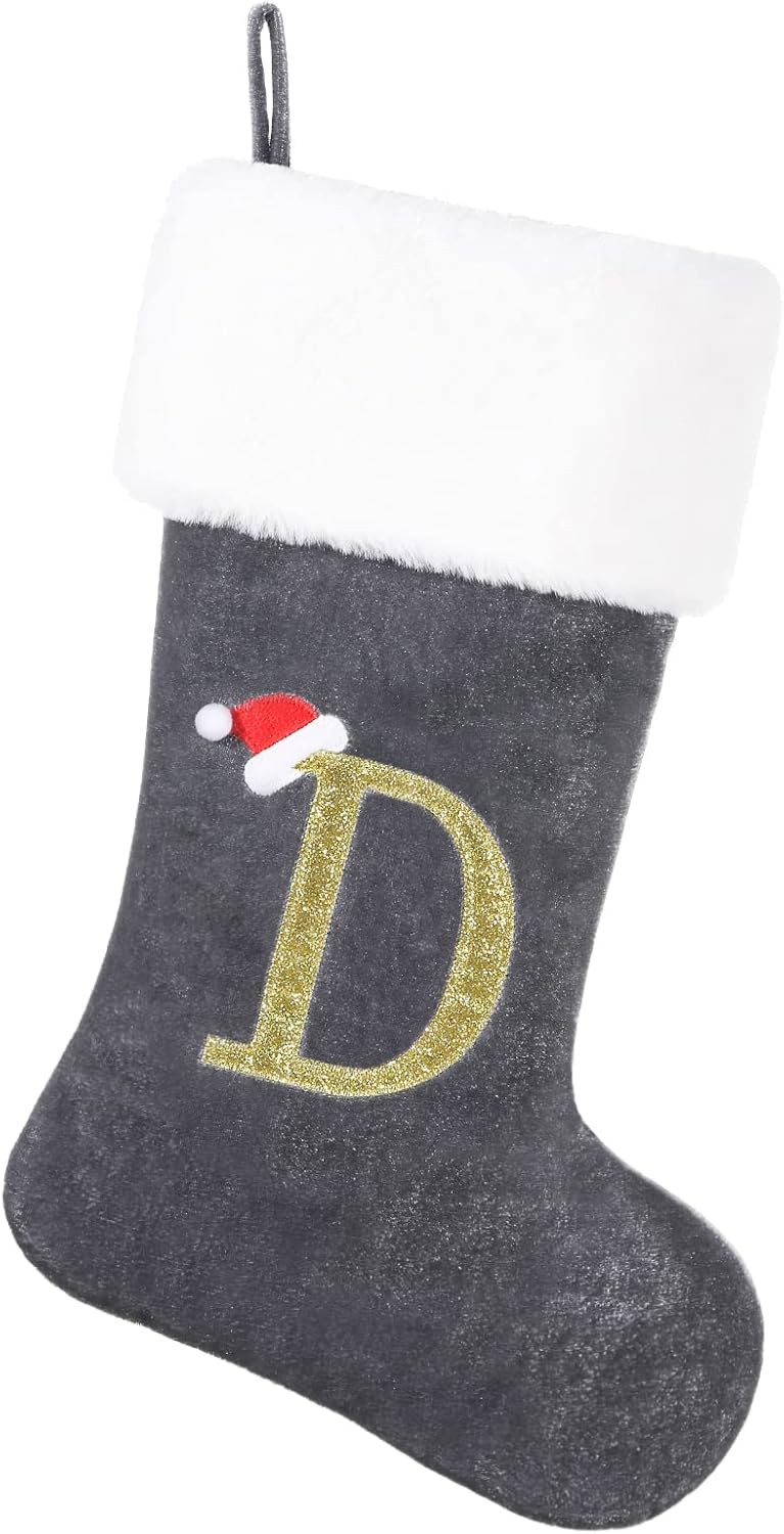 Stockings & Holders - SIRIPHUM20 Inches Monogram Christmas Stocking Deluxe Grey Velvet Body with Super Soft Plush Cuff Embroidered Letter(D)