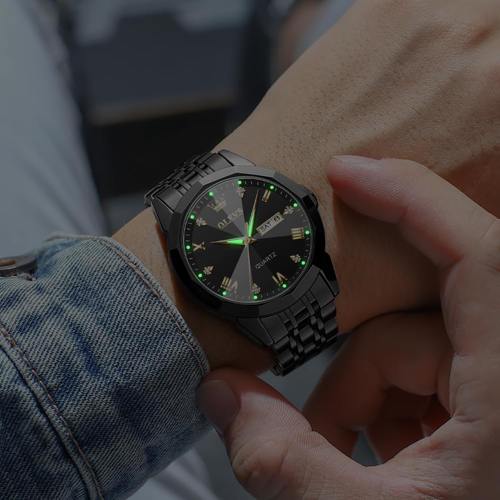 OLEVS Uhr Herren Luxus Diamant Edelstahl Wasserdicht Analog Datumsanzeige Business Original Schwarz Armbanduhr Herren 3