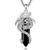 EUDORA Vintage Dragon Necklace with Healing Crystal for Women Men, Silver Plated Copper Viking Dragon Pendant Amulet Energy Gothic Jewelry, Gift for Women Men Dad Mother Mom, Chain 20" +24"