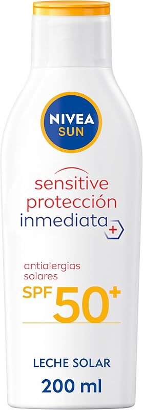 NIVEA SUN Proteção Imediata Sensível Anti-Alergia Leite Solar FPS 50+ (1 x 200 ml), protetor solar não gorduroso para pele sensível, 50 protetor solar resistente à água