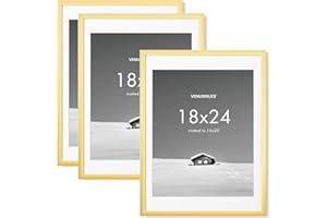 Venusmiles 18x24 inch Picture Frame, 18x24 Photo Frames with 16x20 Removable Mat - High Definition Plexiglass - Vertical and Horizontal Display - Wall Hanging Poster Frame - Gold, 3 Pack