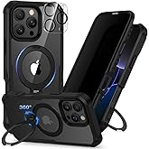 CENHUFO Privacy for iPhone 16 Pro Max Case, Compatible with Magsafe Full Body Phone Case Built-in 9H Tempered Glass Privacy Screen Protector and 360° Spin Magnetic Stand Ring Camera Lens Cover -Black