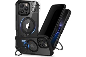 CENHUFO Privacy for iPhone 16 Pro Max Case, Compatible with Magsafe Full Body Phone Case Built-in 9H Tempered Glass Privacy Screen Protector and 360° Spin Magnetic Stand Ring Camera Lens Cover -Black