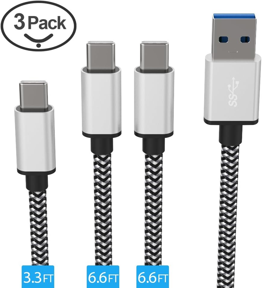 USB Type C Cable 3.0, YFW 3 Pack (2x6.6FT, 1x3.3FT) USB C to USB 3.0 Nylon Braided Quick Charging Sync Cable for Samsung Galaxy S8/ S8 Plus, Google Pixel, Nintendo Switch, LG G6 V20, Nexus 6P 5X, New MacBook Pro ect