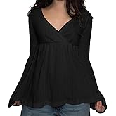 AKLOPVII Women Long Sleeve Pointelle Peplum Babydoll Tops Cute V Neck Lace Patchwork Flowy Tee Shirts Girls Fall Outfits