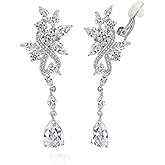 CWWZircons Long Dangle Clip On No Piercing Earrings For Brides Water Drop Leaf Shape Cubic Zirconia Bridal Wedding Party Jewelry