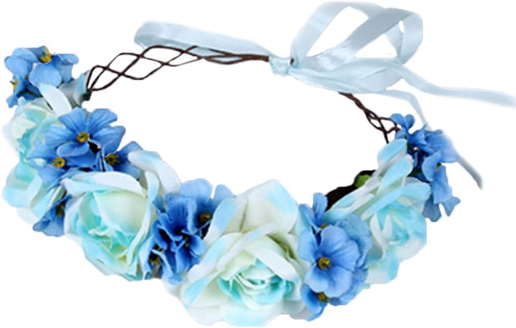 Rose Flower Crown Floral Wreath Headband Hair Wreath Hair Garland Flower Halo Floral Headpiece Boho with Ribbon Wedding Party Festival Blue by Brikuinr