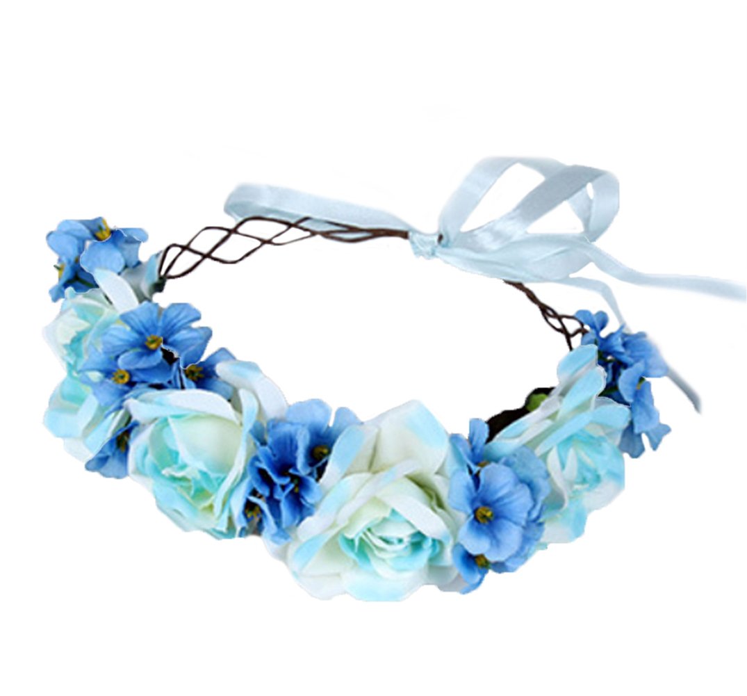 Brikuinr Rose Flower Crown Floral Wreath Headband Hair Wreath Hair Garland Flower Halo Floral Headpiece Boho with Ribbon Wedding Party Festival Blue