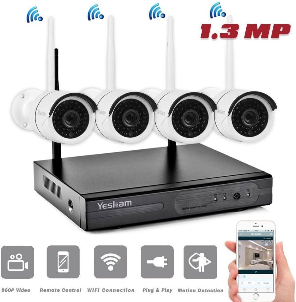 YESKAMO 4 Channel 960P Security Camera System with CCTV Wireless Auto Pair Technology Night Vision Motion Detection Weatherproof IP66 for Home Surveillance Built in Router